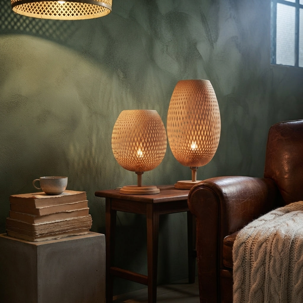 Handwoven Bamboo Table Lamp - Natural Rattan Nightstand Lamp with Wooden Base, Boho Style