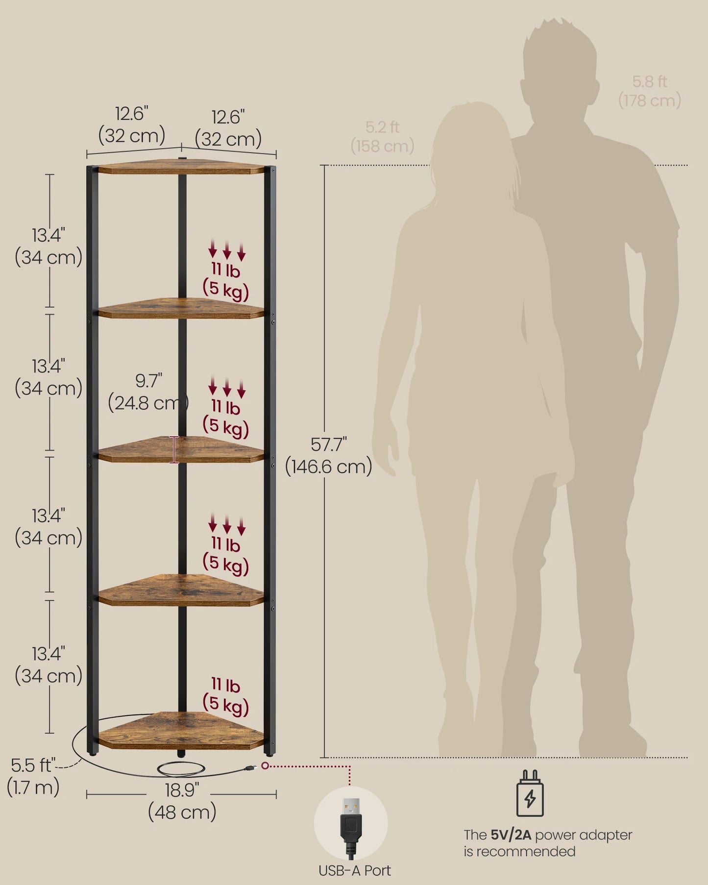 Corner Shelf Stand with LED Lights, 5-Tier Corner Bookshelf, Storage Shelf with Steel Frame, 9.8 X 18.9 X 57.7 Inches, F