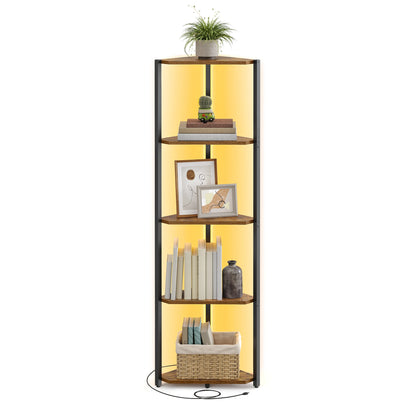Corner Shelf Stand with LED Lights, 5-Tier Corner Bookshelf, Storage Shelf with Steel Frame, 9.8 X 18.9 X 57.7 Inches, F