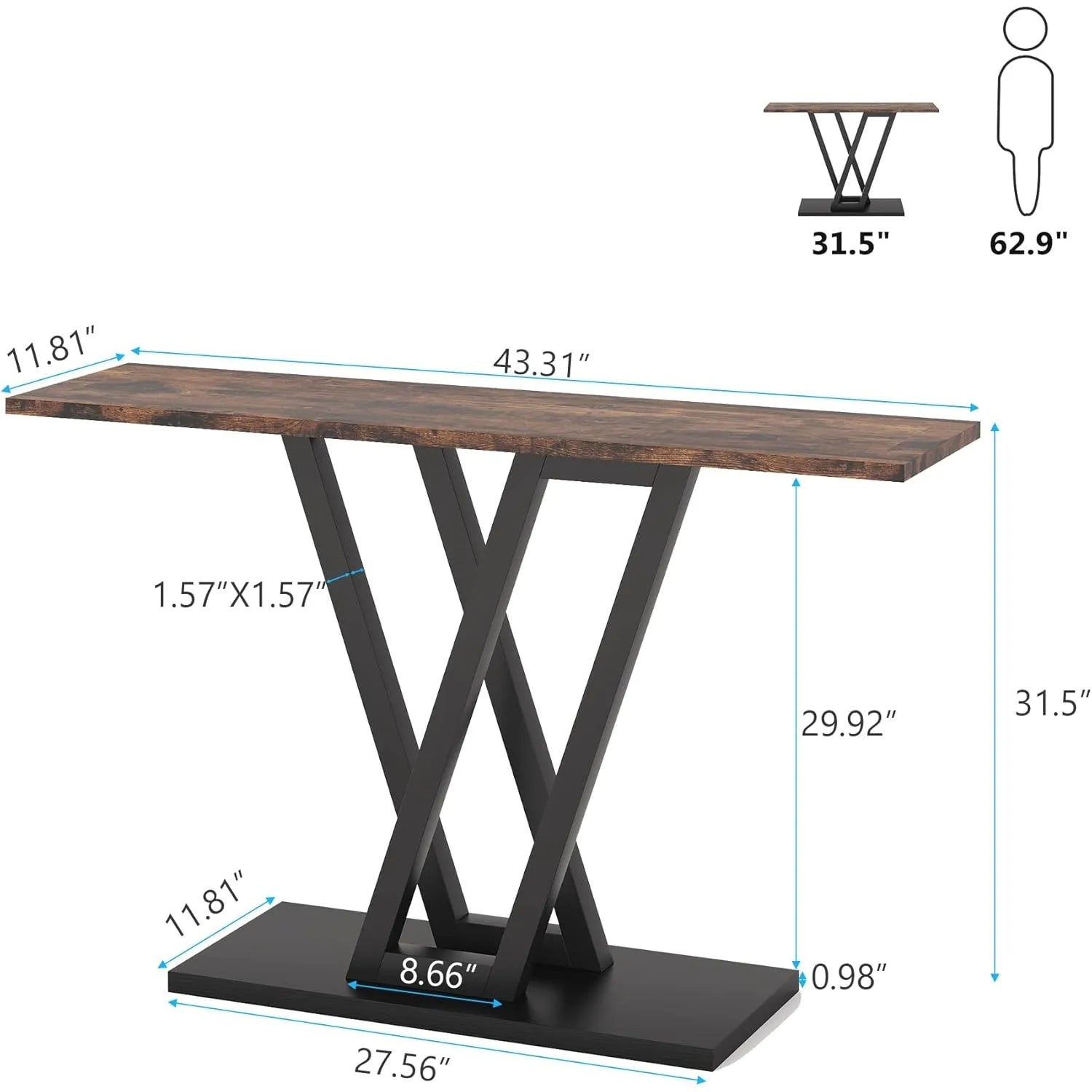 Console Table, Industrial Hallway Table for Entryway, 43 Inch Entryway Tables Narrow Sofa Table for Living Room, Rustic Brown