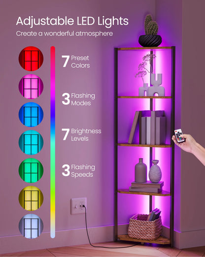 Corner Shelf Stand with LED Lights, 5-Tier Corner Bookshelf, Storage Shelf with Steel Frame, 9.8 X 18.9 X 57.7 Inches, F