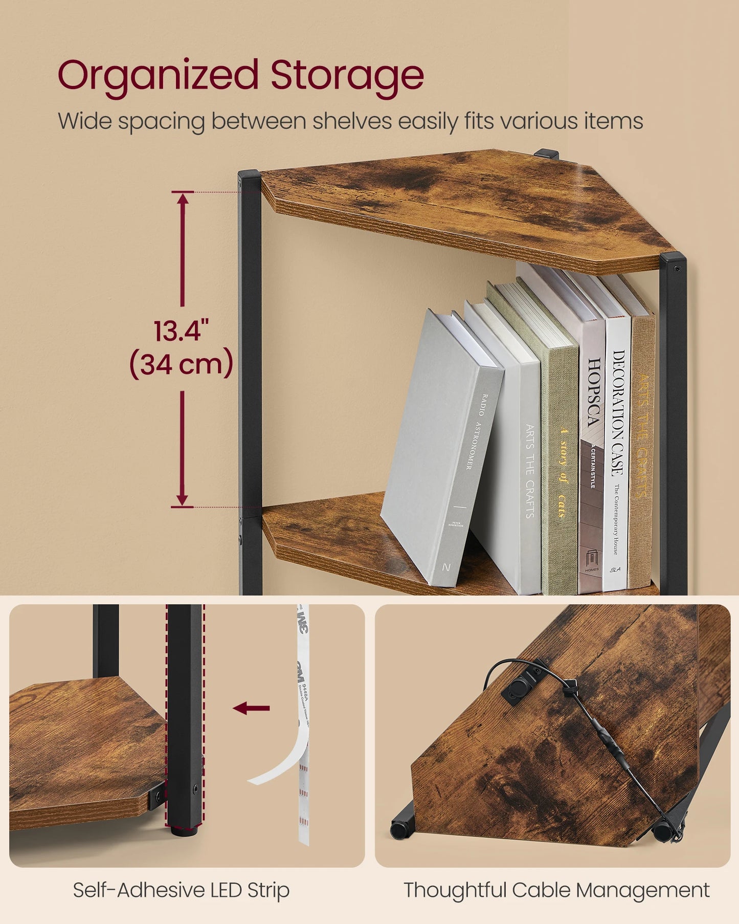 Corner Shelf Stand with LED Lights, 5-Tier Corner Bookshelf, Storage Shelf with Steel Frame, 9.8 X 18.9 X 57.7 Inches, F