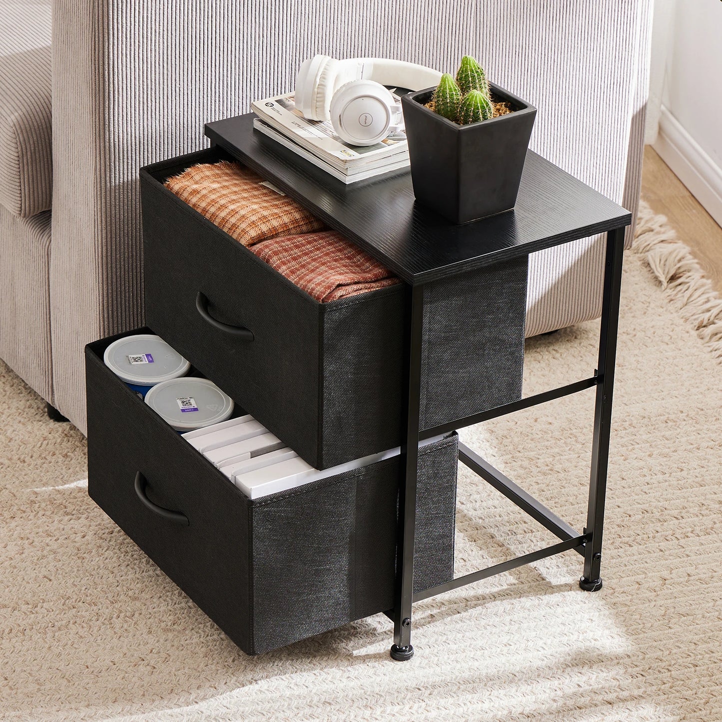 Nightstand, Bedside Table - 2 Fabric Drawers