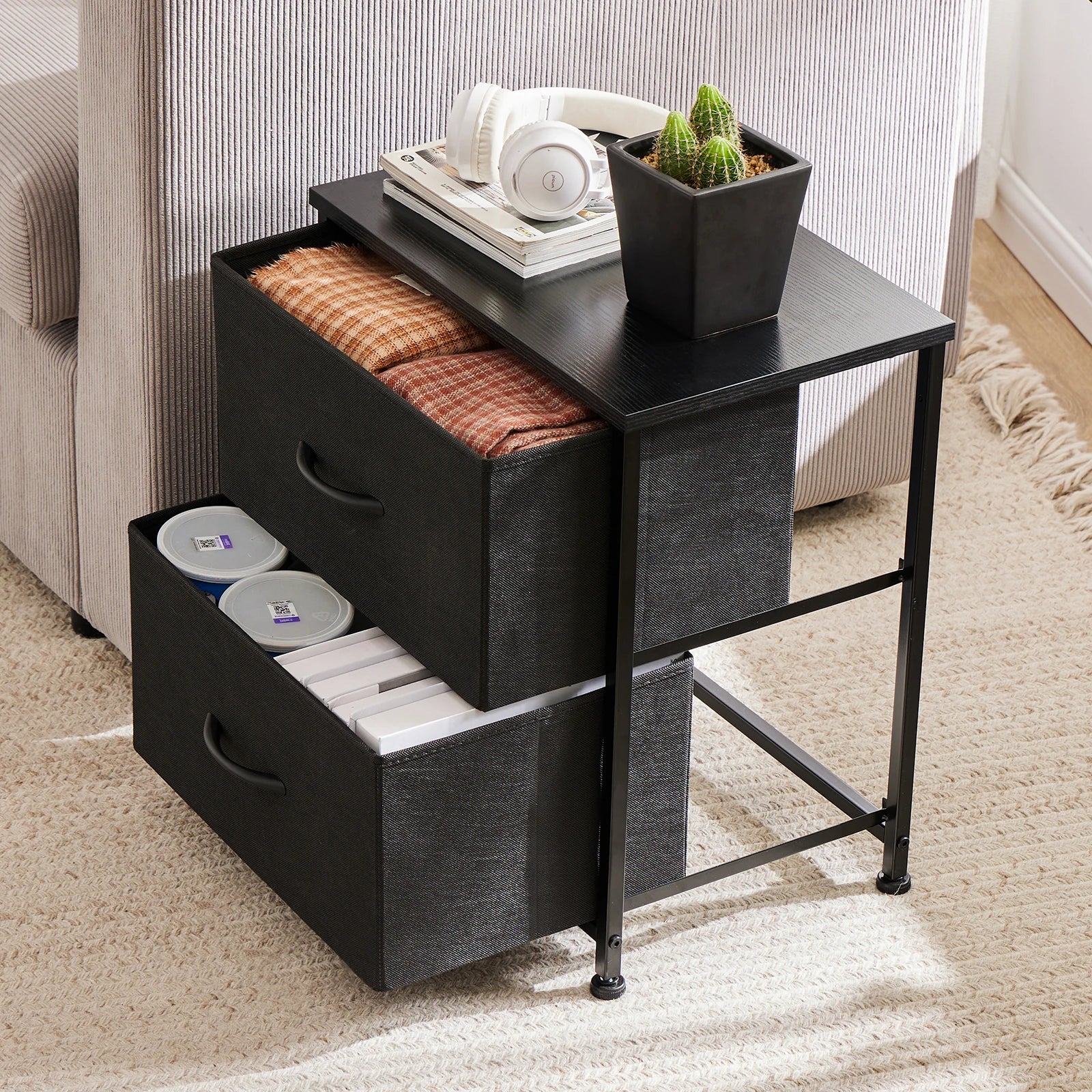 Nightstand, Bedside Table - 2 Fabric Drawers