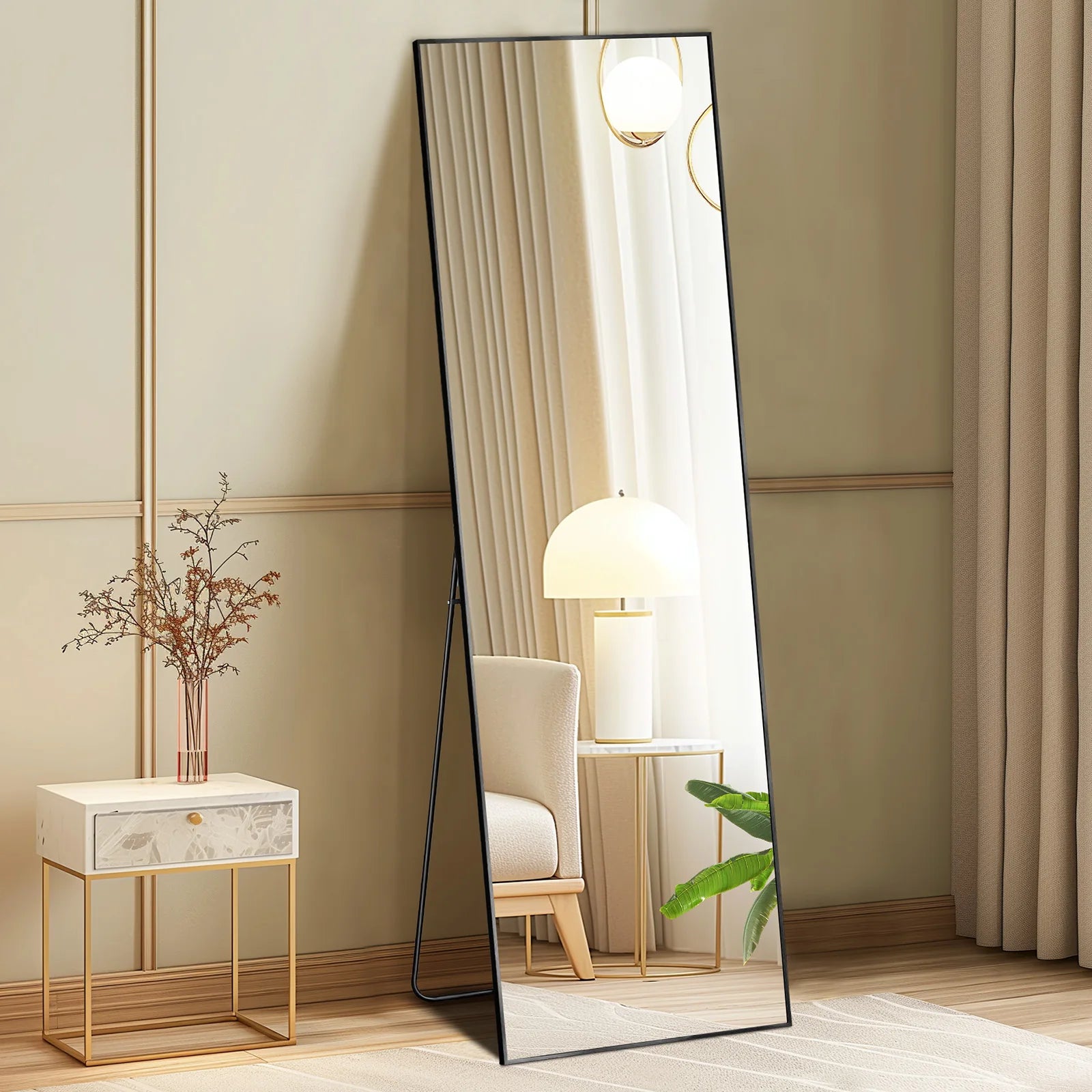 64"X21" Full Body Wall Mirror Standing Hanging or Leaning Wall-Mounted Mirrors with Stand Aluminum Alloy Frame Living Room