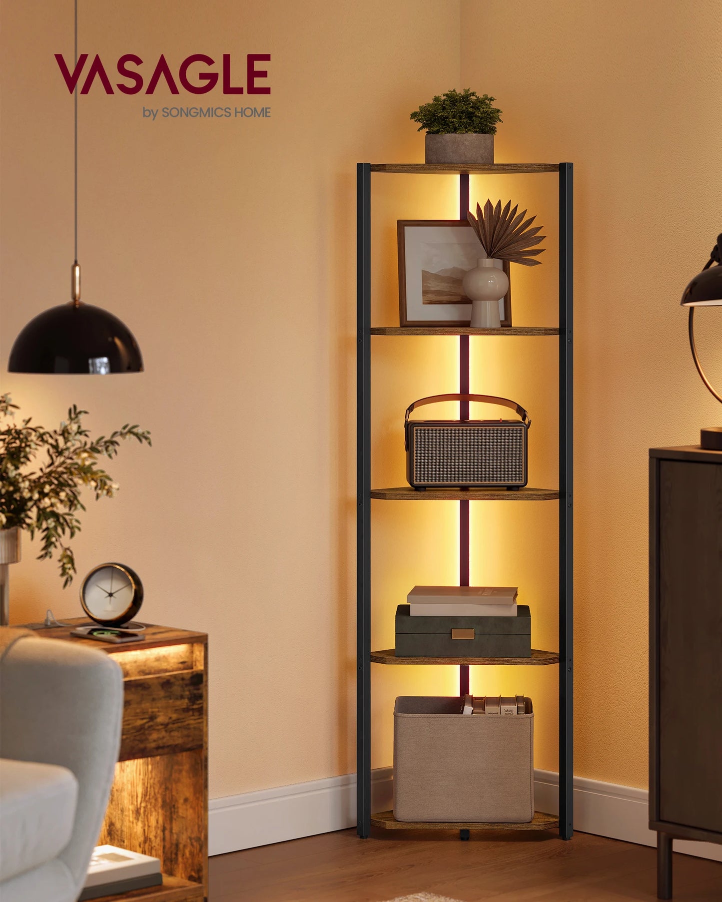 Corner Shelf Stand with LED Lights, 5-Tier Corner Bookshelf, Storage Shelf with Steel Frame, 9.8 X 18.9 X 57.7 Inches, F
