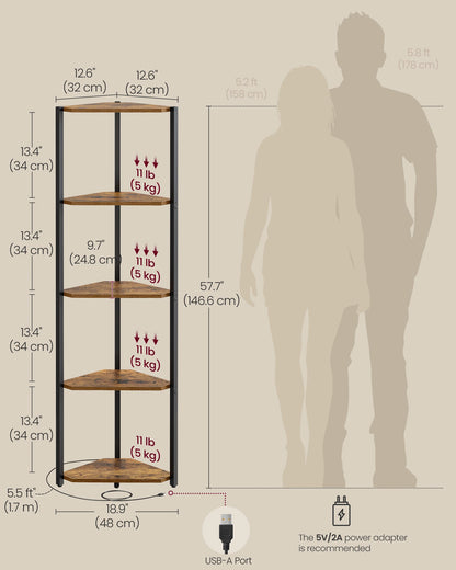 Corner Shelf Stand with LED Lights, 5-Tier Corner Bookshelf, Storage Shelf with Steel Frame, 9.8 X 18.9 X 57.7 Inches, F